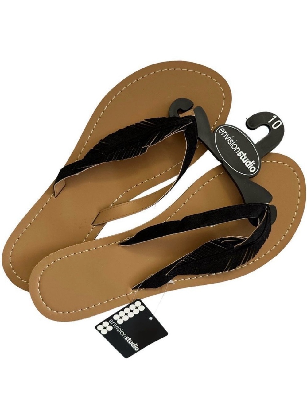 Envision Studios Black Feather Sandals Faux Suede Flat Flip Flops Womens 10 NWT